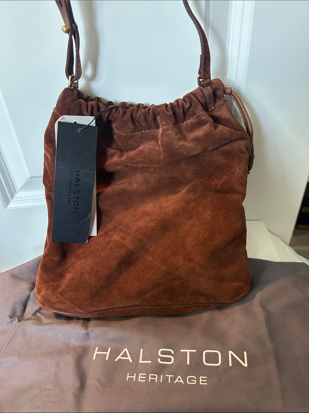 Halston Heritage Rust Brown Suede Drawstring Shoulder Bag